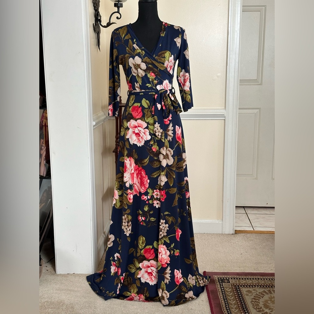 Navy Blue Floral Sash Tie Dress